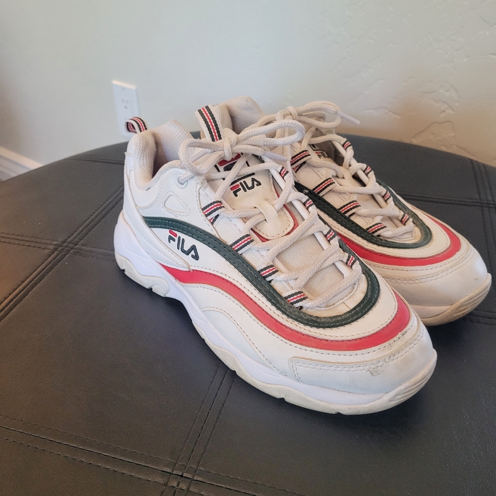 Fila Women's White Faux Leather w Green/Red Striped Tennis Shoes
